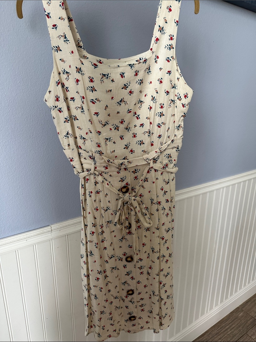 Monteau Cream Floral Button-Front Midi Dress with Tie Waist